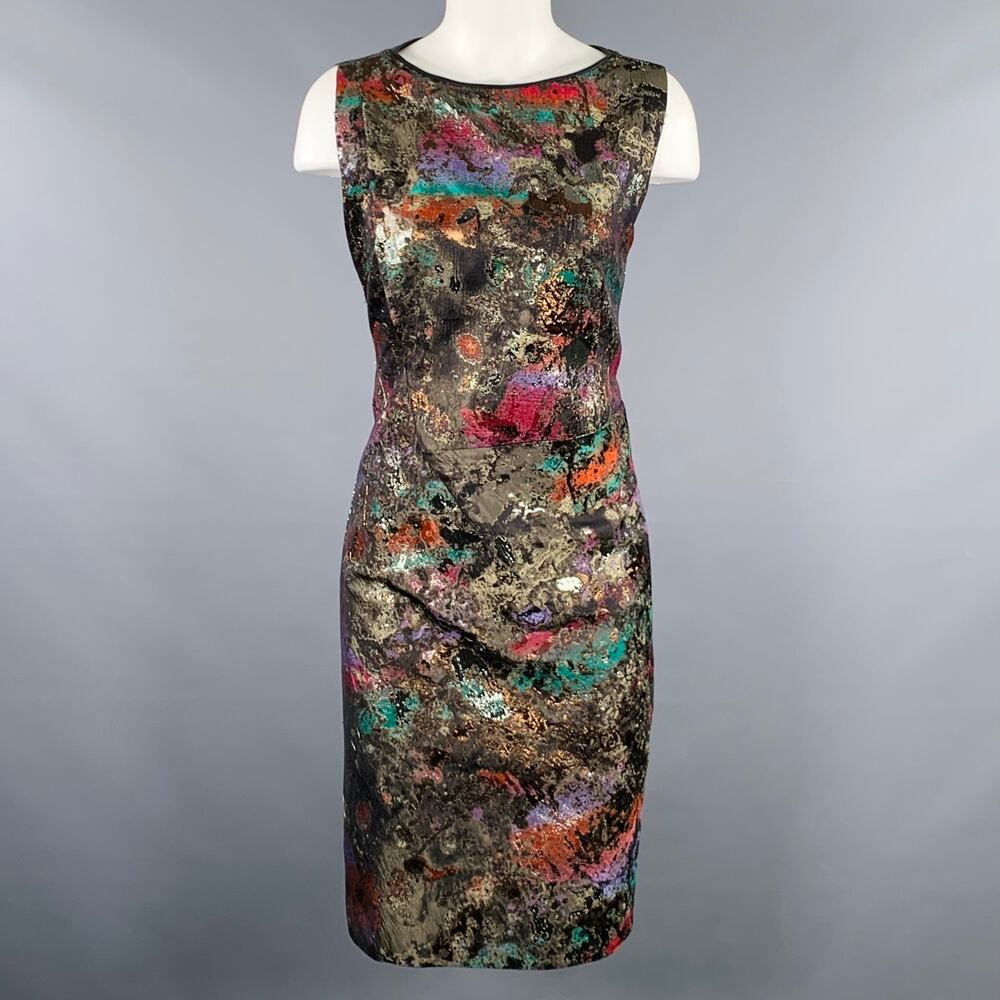 J.MENDEL Size 10 Black Multi Color Silk Blend Marbled Lambskin Sleeveless Dress